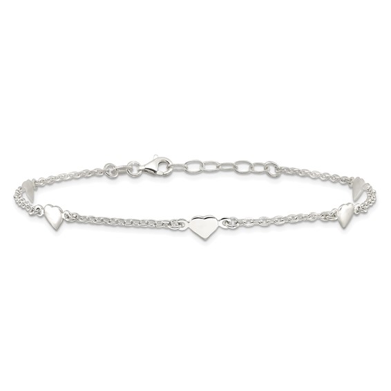 Sterling Silver Hearts 5-Station 9 inch Plus 1 inch Extender - Total 10 inch Anklet