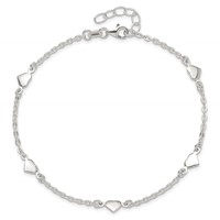 Sterling Silver Hearts 5-Station Plus 1 Inch Extender - Total 10 Inch Anklet, 9" view 5