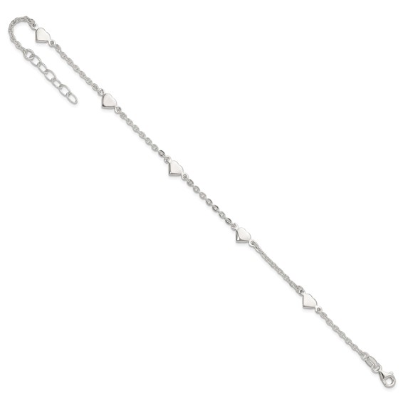Sterling Silver Hearts 5-Station 9 inch Plus 1 inch Extender - Total 10 inch Anklet
