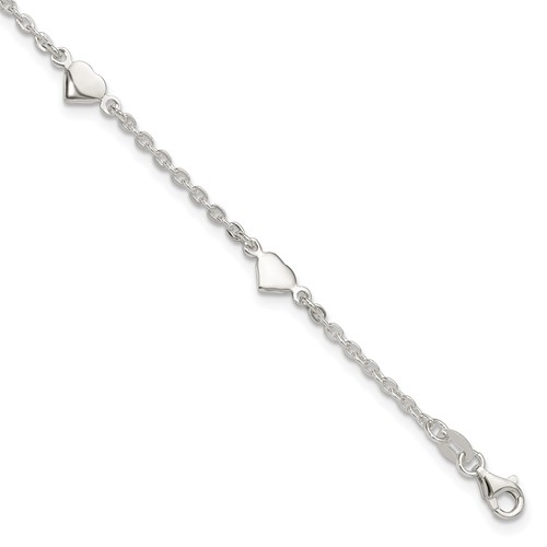 Sterling Silver Hearts 5-Station Plus 1 Inch Extender - Total 10 Inch Anklet, 9"