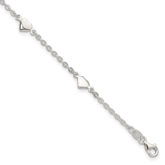 Sterling Silver Hearts 5-Station 9 inch Plus 1 inch Extender - Total 10 inch Anklet