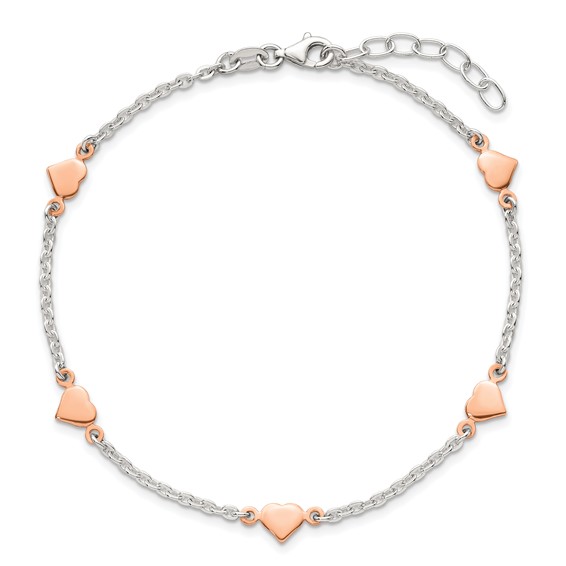 Sterling Silver Rose-tone Hearts 5-Station 9 inch Plus 1 inch Extender Anklet - Total 10 inch Anklet