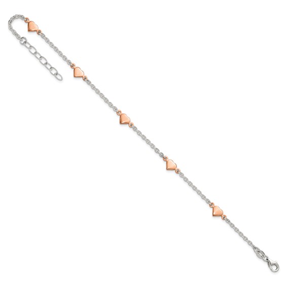 Sterling Silver Rose-tone Hearts 5-Station 9 inch Plus 1 inch Extender Anklet - Total 10 inch Anklet