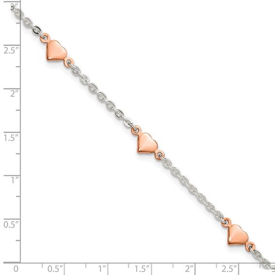 Sterling Silver Rose-tone Hearts 5-Station 9 inch Plus 1 inch Extender Anklet - Total 10 inch Anklet