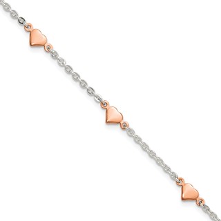 Sterling Silver Rose-tone Hearts 5-Station 9 inch Plus 1 inch Extender Anklet - Total 10 inch Anklet