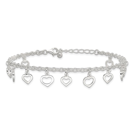 Sterling Silver Heart Charms 8 inch Plus 1 inch Extender - Total 9 inch Anklet