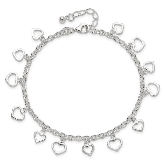 Sterling Silver Heart Charms 8 inch Plus 1 inch Extender - Total 9 inch Anklet