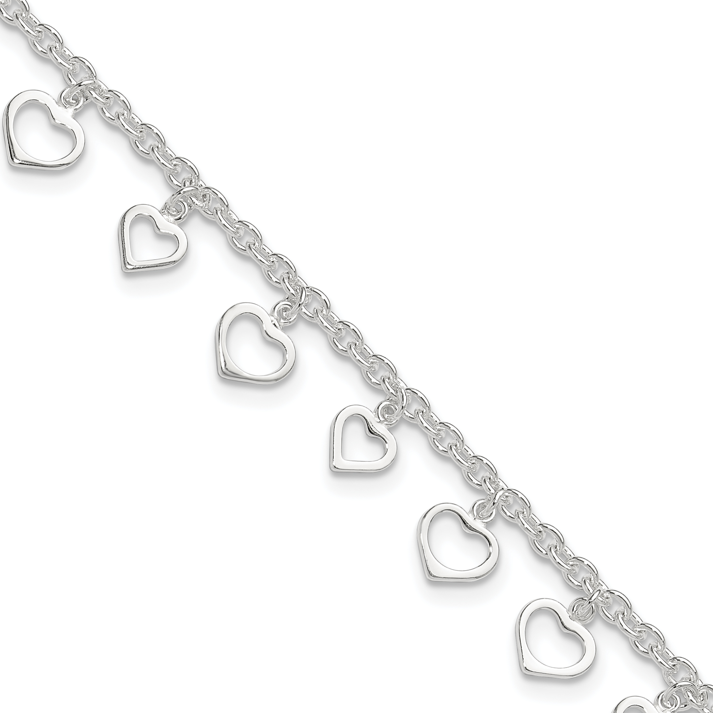 Sterling Silver 8 in Plus 1in Ext Polished Heart Anklet (QG2813-9)
