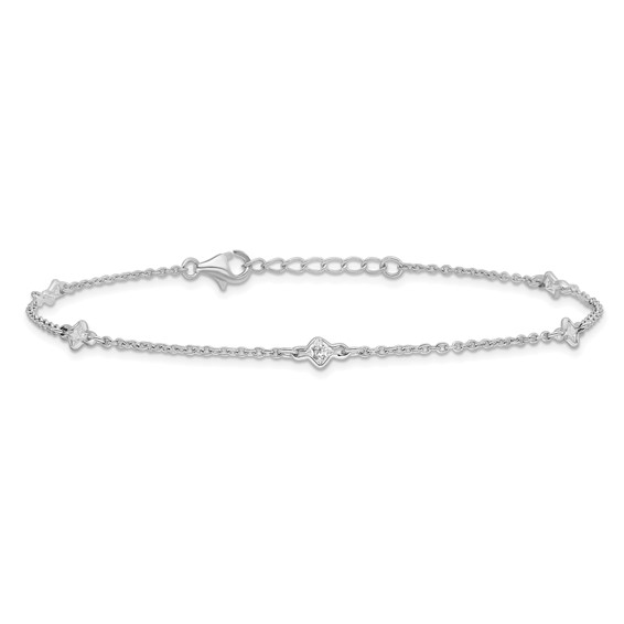 Sterling Silver Rhodium-plated Bezel CZ 5-Station 9 inch Plus 1 inch Extender - Total 10 inch Anklet