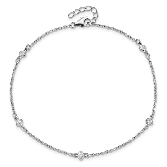 Sterling Silver Rhodium-plated Bezel CZ 5-Station 9 inch Plus 1 inch Extender - Total 10 inch Anklet