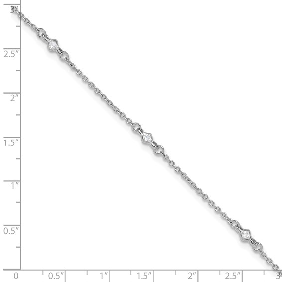 Sterling Silver Rhodium-plated Bezel CZ 5-Station 9 inch Plus 1 inch Extender - Total 10 inch Anklet