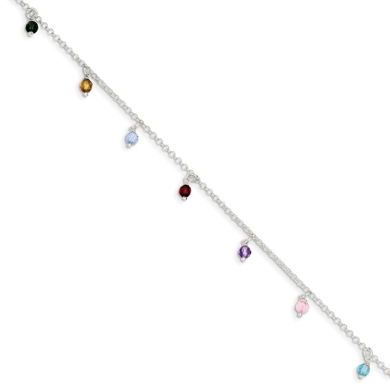Sterling Silver Multi-colored Beads 9 inch Plus 1 inch Extender - Total 10 inch Anklet