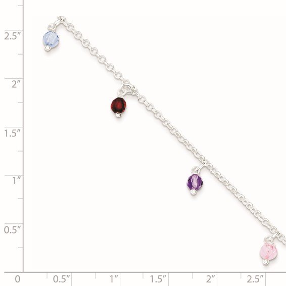 Sterling Silver Multi-colored Beads 9 inch Plus 1 inch Extender - Total 10 inch Anklet