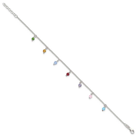 Sterling Silver Multi-colored Beads 9 inch Plus 1 inch Extender - Total 10 inch Anklet