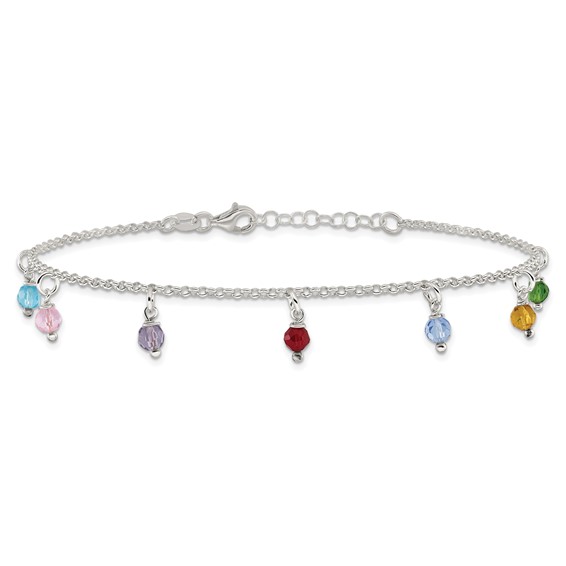 Sterling Silver Multi-colored Beads 9 inch Plus 1 inch Extender - Total 10 inch Anklet