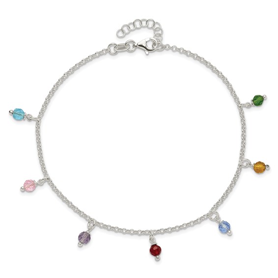 Sterling Silver Multi-colored Beads 9 inch Plus 1 inch Extender - Total 10 inch Anklet