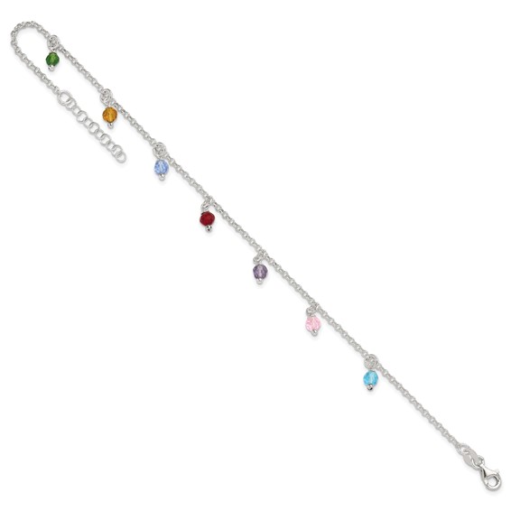 Sterling Silver Multi-colored Beads 9 inch Plus 1 inch Extender - Total 10 inch Anklet