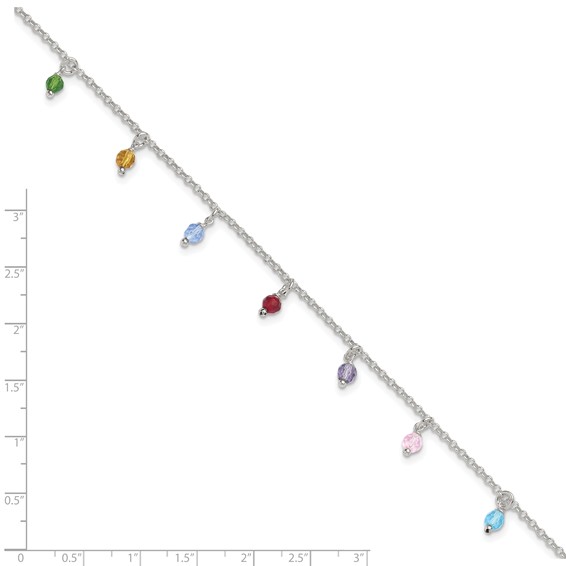 Sterling Silver Multi-colored Beads 9 inch Plus 1 inch Extender - Total 10 inch Anklet