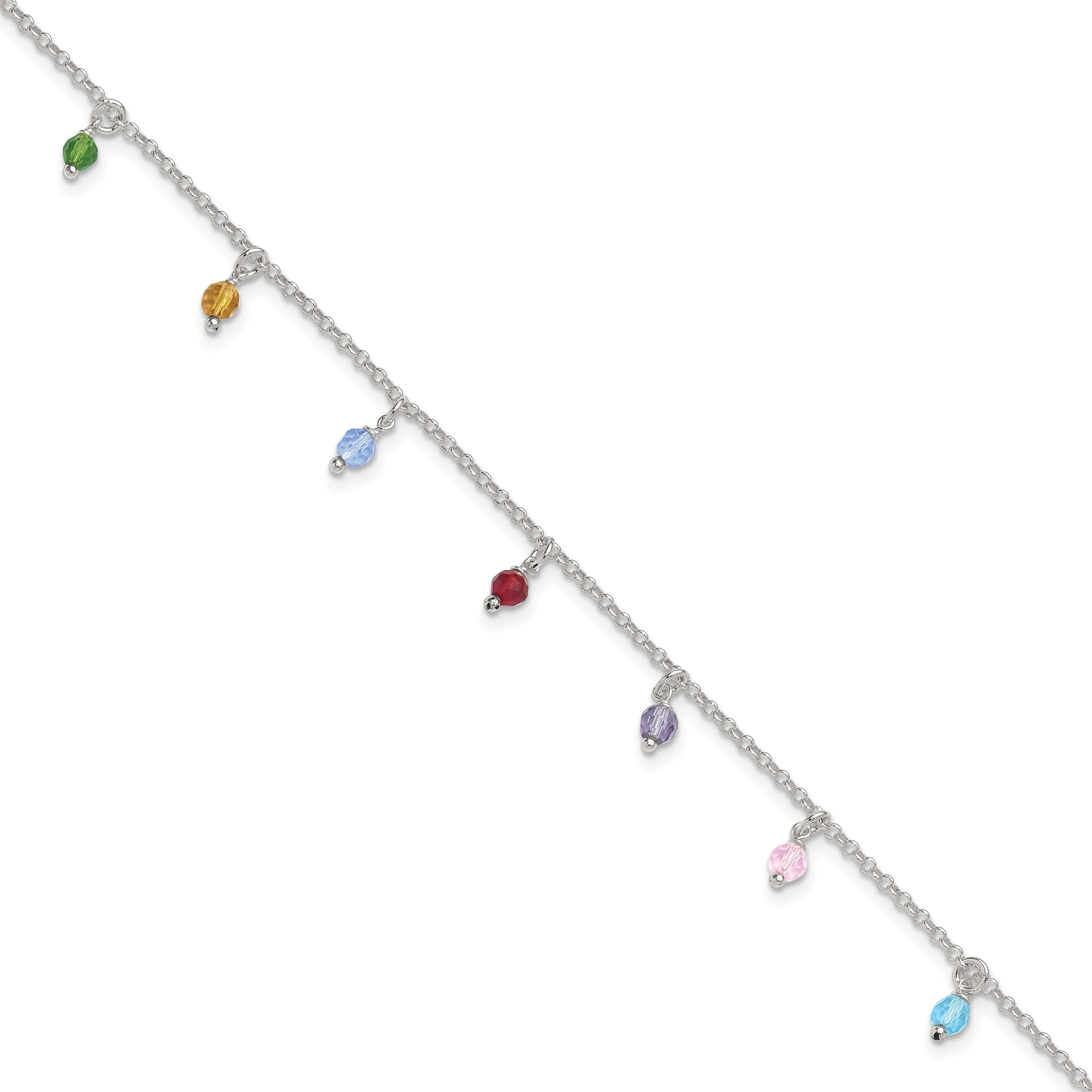 Sterling Silver Polished Multi-colored Beads 10in Plus 1in ext. Anklet (QG2817-10)