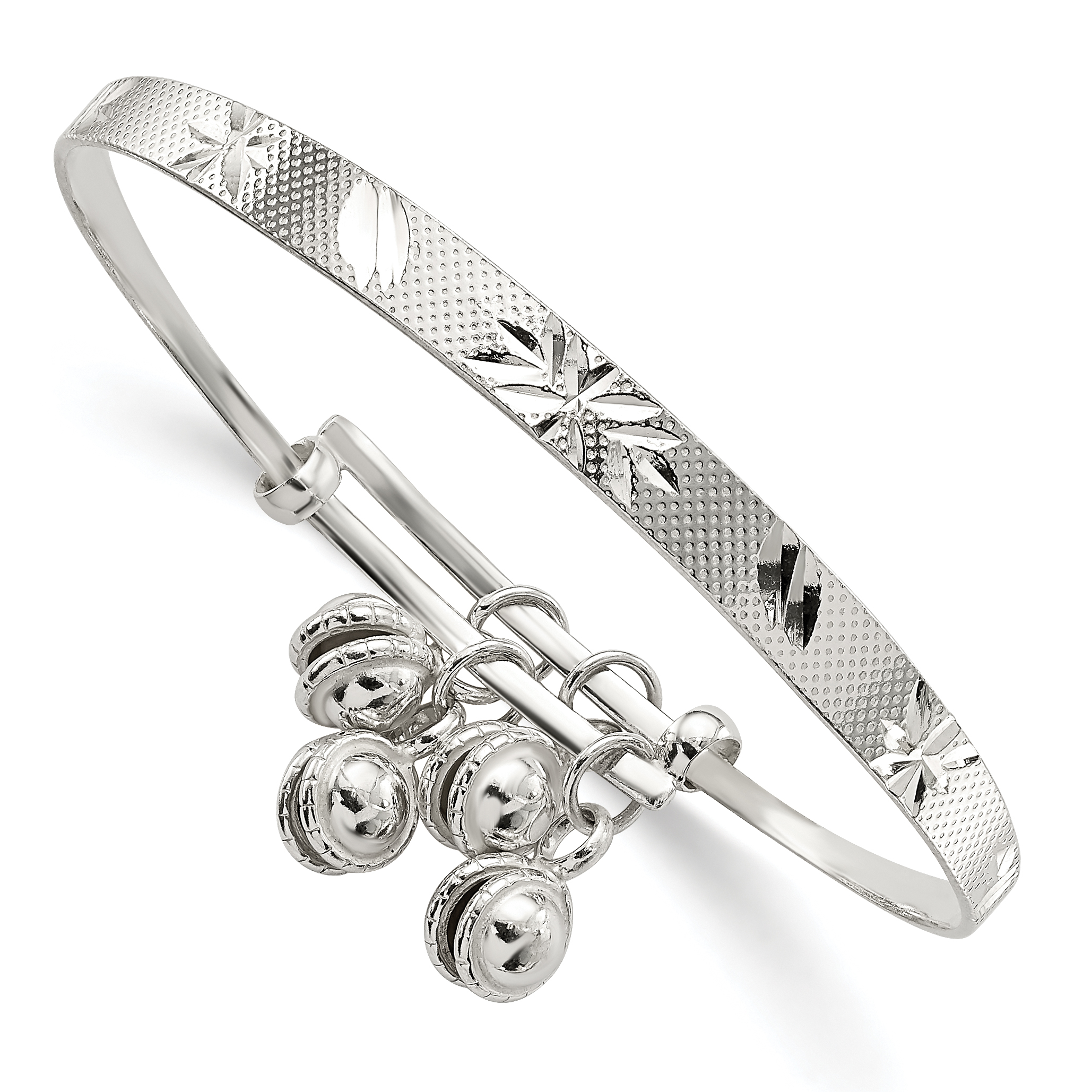Sterling Silver D/C & Textured Bells Adjustable Children's Bangle Bracelet (QG2820)
