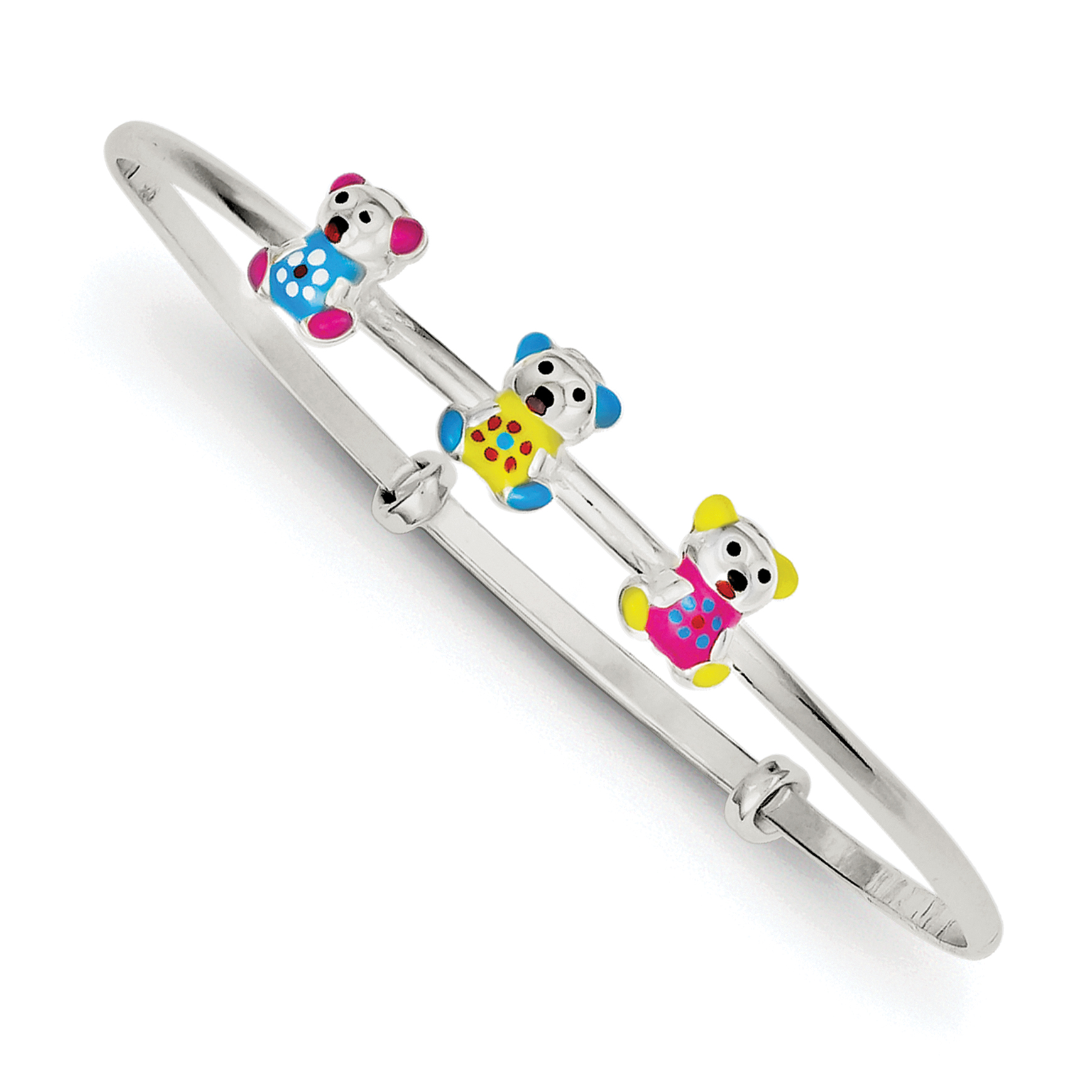 Sterling Silver Multi-color Enamel Teddy Bear Adjustable Children's Bangle (QG2821)