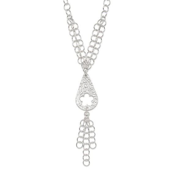 Sterling Silver Polished & Textured Floral Teardrop Necklace