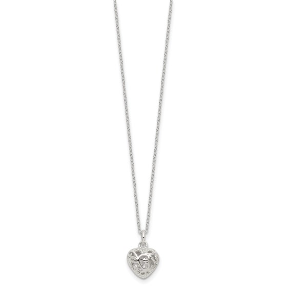 Sterling Silver Polished Puffed Filigree Heart 18 inch Necklace