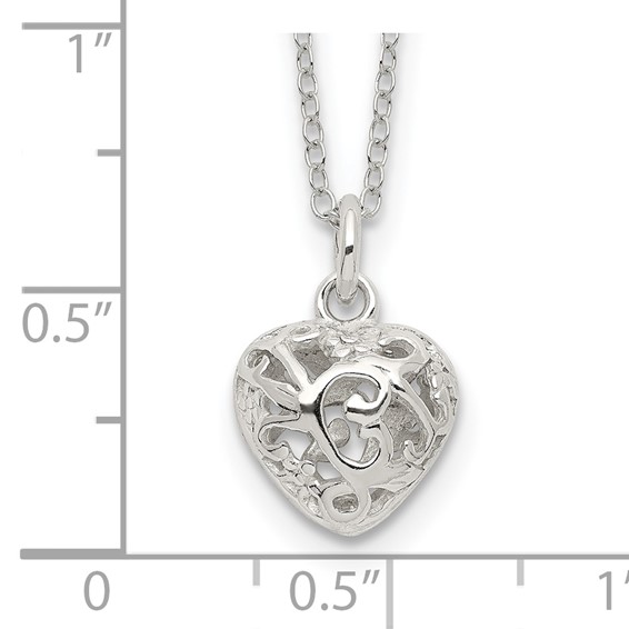 Sterling Silver Polished Puffed Filigree Heart 18 inch Necklace