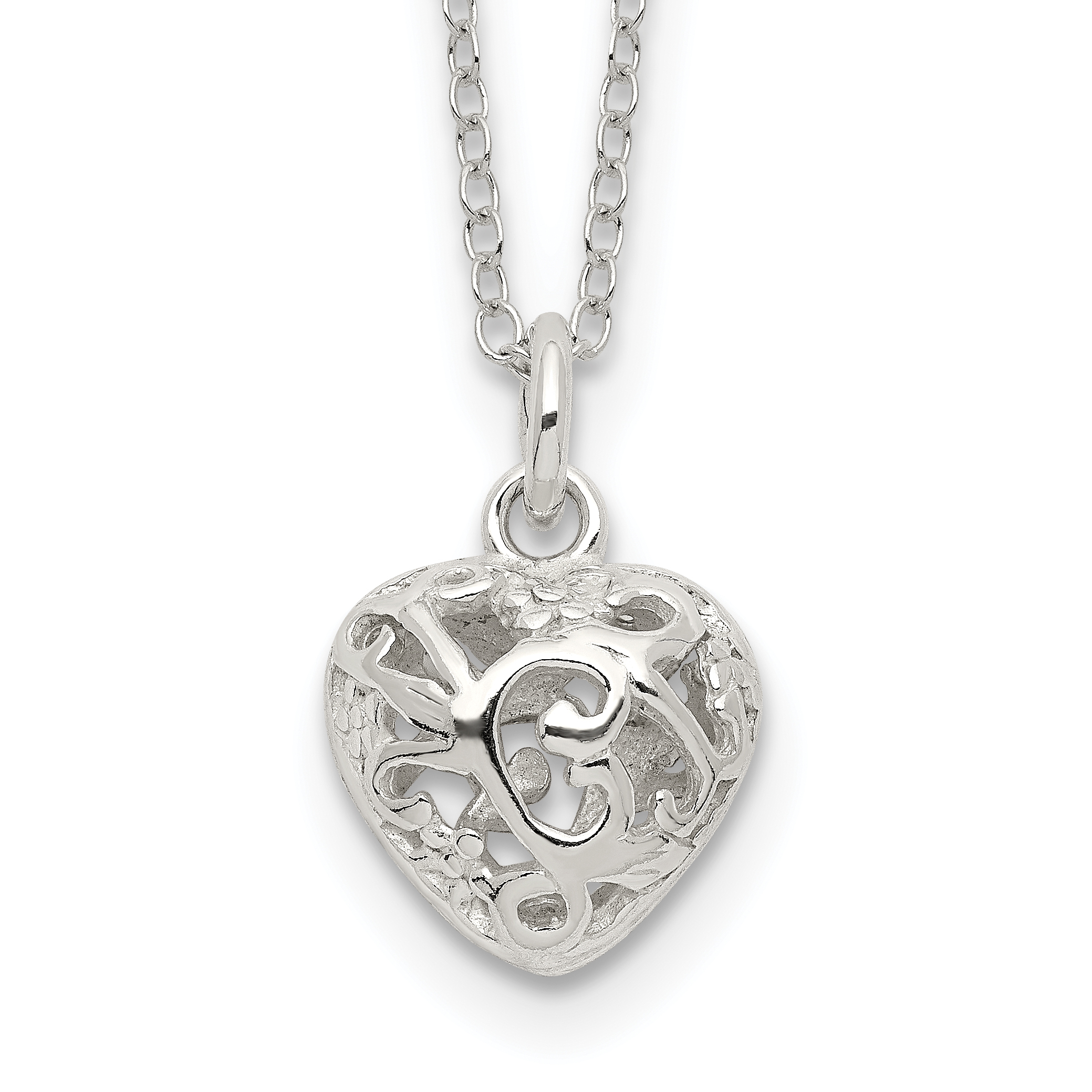 Sterling Silver Polished Puffed Filigree Heart 18 inch Necklace (QG2896-18)