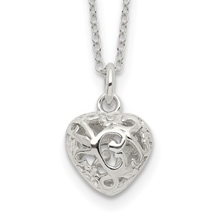 Sterling Silver Polished Puffed Filigree Heart 18 inch Necklace