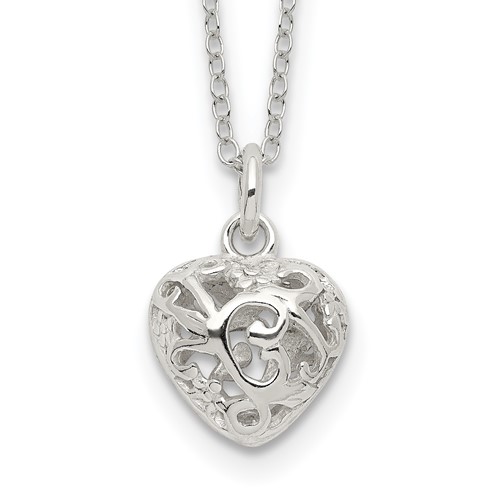 Sterling Silver Polished Puffed Filigree Heart Necklace, 18"
