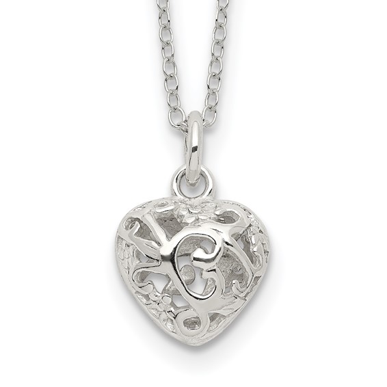Sterling Silver Polished Puffed Filigree Heart 18 inch Necklace