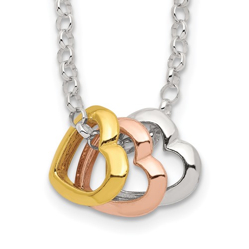 Sterling Silver and Multi-tone Vermeil Polished Fancy 3-Heart Necklace, 18"