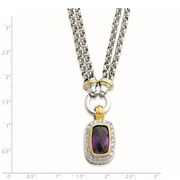 Sterling Silver Flash Gold-plated Emerald-shape Purple and Clear CZ Halo 2-Strand Necklace, 16" view 3