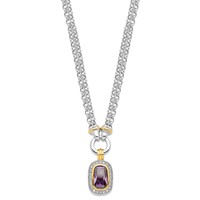 Sterling Silver Flash Gold-plated Emerald-shape Purple and Clear CZ Halo 2-Strand Necklace, 16" view 2