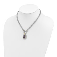 Sterling Silver Flash Gold-plated Emerald-shape Purple and Clear CZ Halo 2-Strand Necklace, 16" view 4