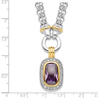 Sterling Silver Flash Gold-plated Emerald-shape Purple and Clear CZ Halo 2-Strand Necklace, 16" view 5