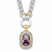Sterling Silver Flash Gold-plated Emerald-shape Purple and Clear CZ Halo 2-Strand Necklace, 16" view 1