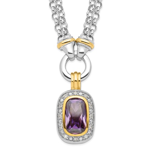 Sterling Silver Flash Gold-plated Emerald-shape Purple and Clear CZ Halo 2-Strand Necklace, 16"
