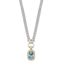 Sterling Silver Flash Gold-plated Emerald-shape Blue and Clear CZ Halo 2-Strand 16 Inch Necklace view 2