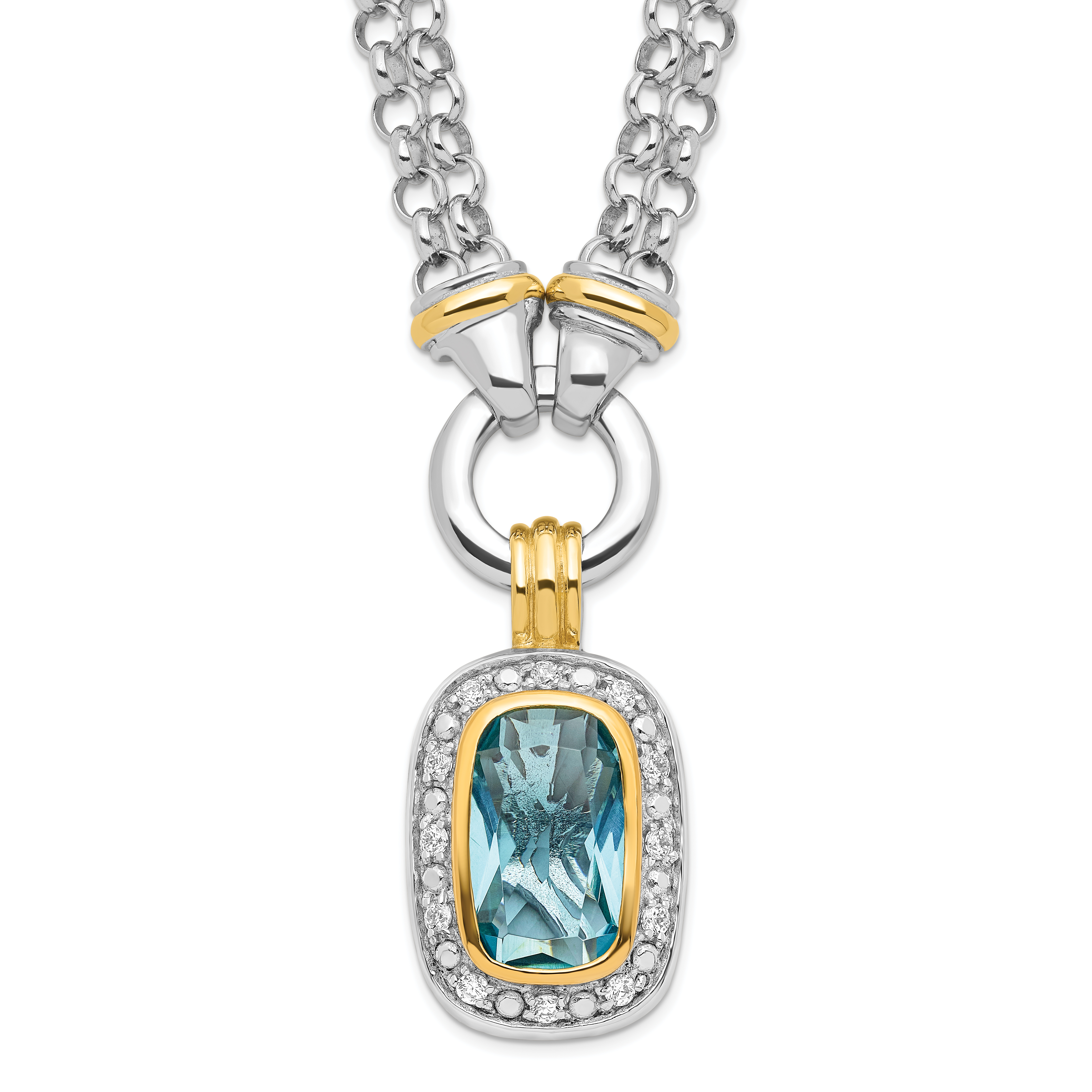 Sterling Silver Flash Gold-plated Clear and Blue CZ 16 inch Necklace (QG2921-16)