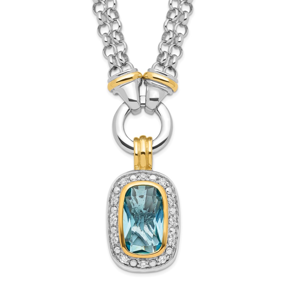 Sterling Silver Flash Gold-plated Clear and Blue CZ 16 inch Necklace (QG2921-16)