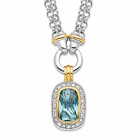 Sterling Silver Flash Gold-plated Emerald-shape Blue and Clear CZ Halo 2-Strand 16 Inch Necklace view 1