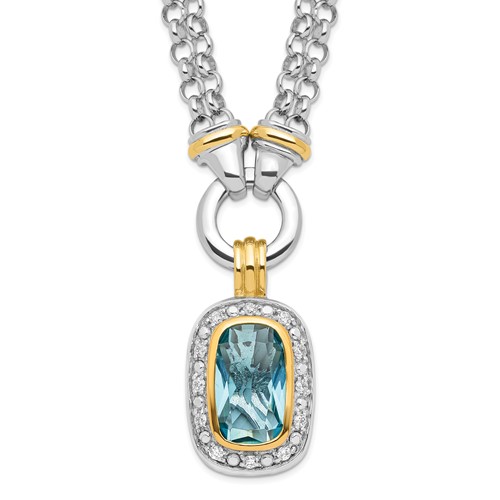 Sterling Silver Flash Gold-plated Emerald-shape Blue and Clear CZ Halo 2-Strand Necklace, 16"