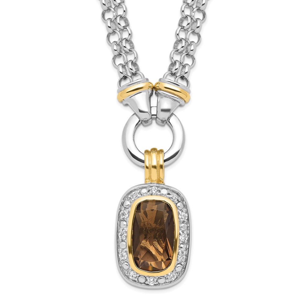 Sterling Silver Flash Gold-plated Emerald-shape Smoky and Clear CZ Halo 2-Strand Necklace, 16"