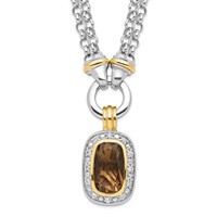 Sterling Silver Flash Gold-plated Emerald-shape Smoky and Clear CZ Halo 2-Strand Necklace, 16" view 1