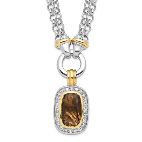 Sterling Silver Flash Gold-plated Emerald-shape Smoky and Clear CZ Halo 2-Strand Necklace, 16"