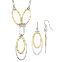 Sterling Silver and Vermeil Polished Oval Drop Y-Necklace and Shepherd Hook Earring Set, 18" view 1