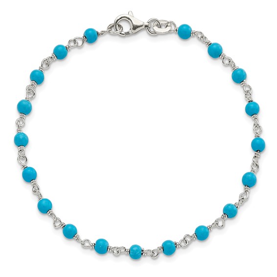 Sterling Silver Genuine Turquoise Bead Polished Bracelet