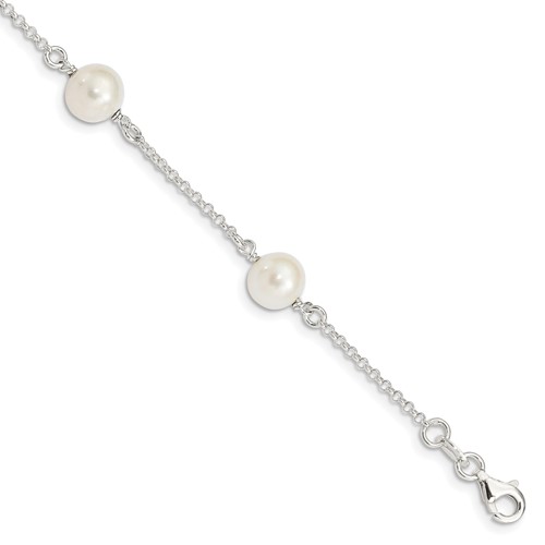 Sterling Silver 8-9mm White Near-Round Freshwater Cultured Pearl 4-Station Bracelet, 7.25"